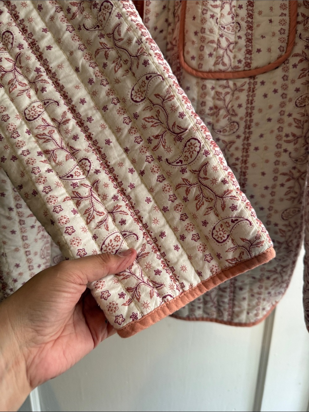 Free People Quilted Floral Button-Up Jacket in Cream & Coral - Picture 4 of 5